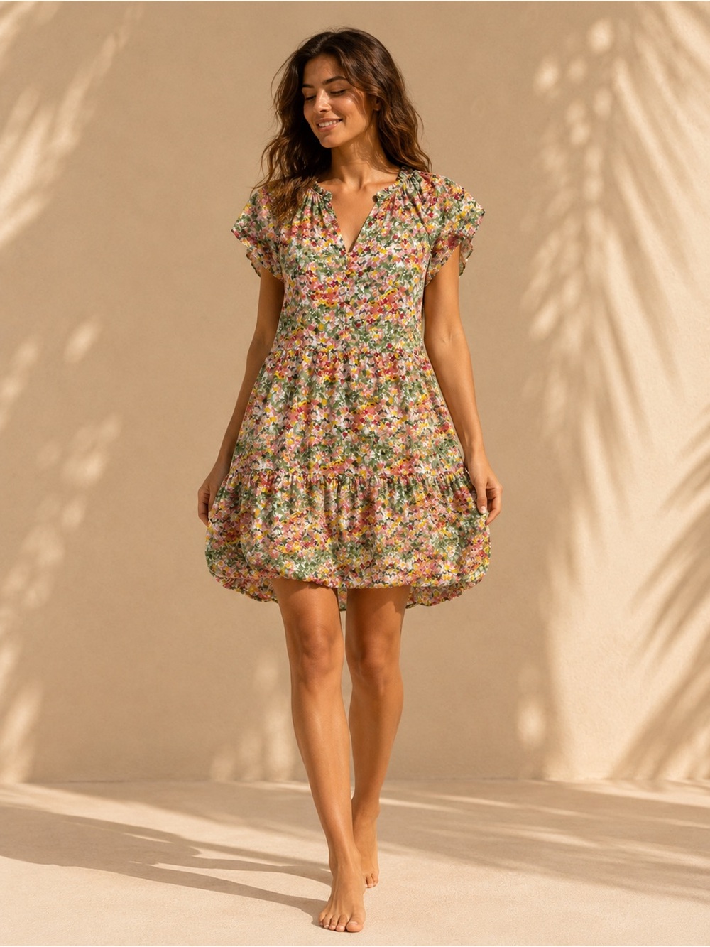 LOFT Multi Floral V-Neck Tiered Mini Dress